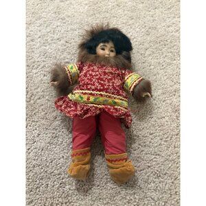 Vintage Arctic-Inspired Porcelain Eskimo Doll Tall Wooden Body‎ Moveable Legs